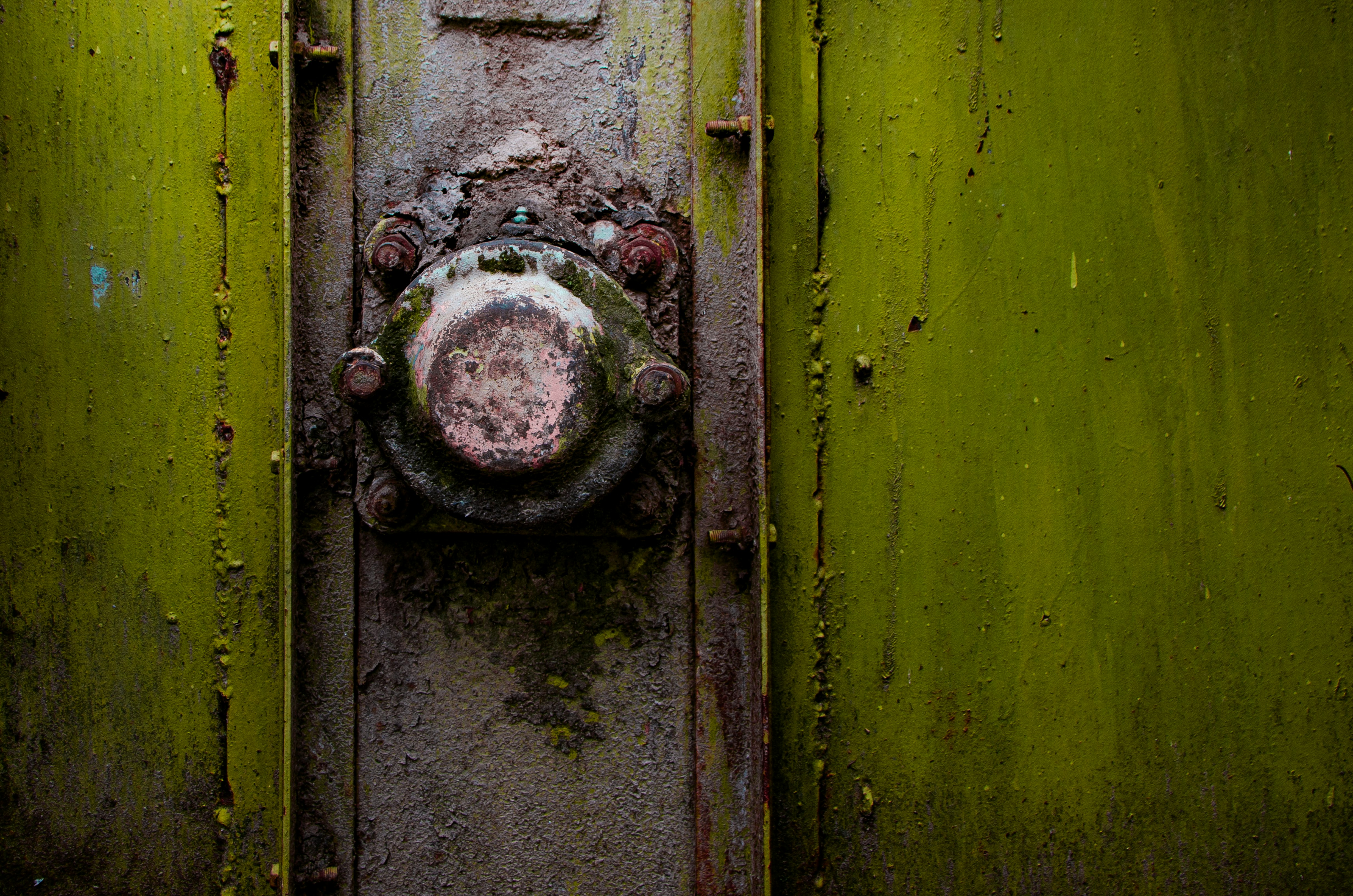 A close-up of a rusty metal knob on a green strongbox